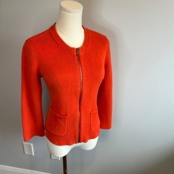 Loft Women's Cropped 3/4 Sleeve Cotton Knit Orange Zippered Cardigan, SZ M - Picture 3 of 9